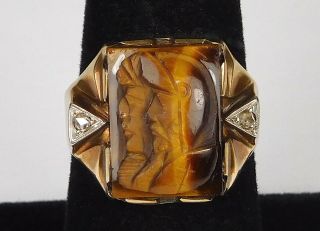 Vintage Ostby Barton 10k Yellow Gold Double Profile Cameo Tigers Eye Ring - 8.  75