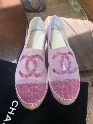 Authentic Very Rare Chanel Canvas With Sequins Pink Espadrilles Flat Size 38