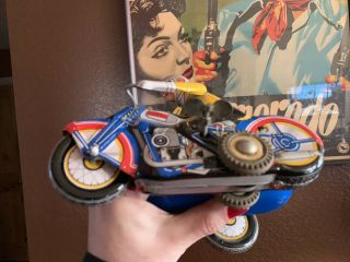 Vintage MS - 709 CHINA 605 Wind Up Tin Toy MOTORCYCLE with SIDECAR 3