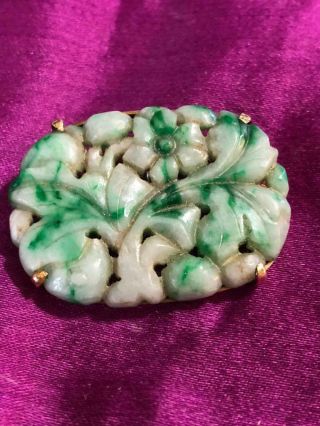 Antique Stunning Carved Jadeite Asian Vibrant Green Pin Brooch Gold Trim C1900 