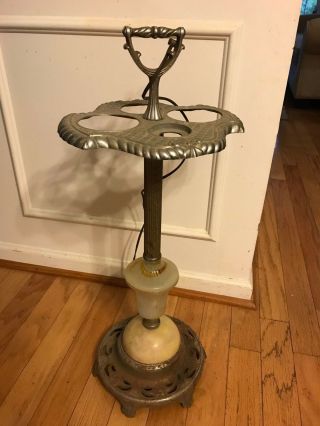 Vintage Art Deco 1930 ' s Lighted Smoking Stand Slag Glass Chrome Aluminum 2