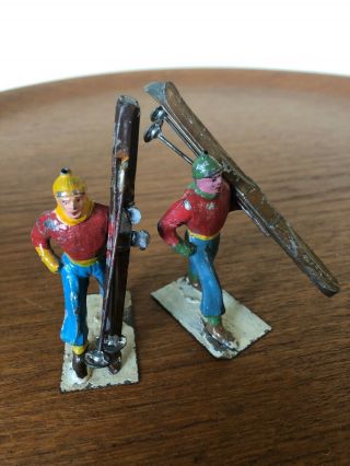 2 Antique Lead Men Figures Skiers Barclay/manoil Made In France Skies