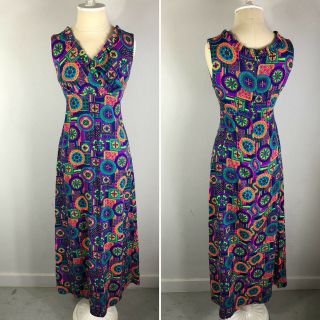Vtg 1960s Purple Psychedelic Maxi Dress Mod Sleeveless Gown Popart Trippy Boho M
