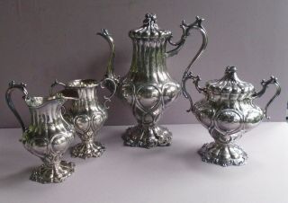 Ornate Antique Chased Silverplate Tea Set / Service - 4 Piece - York Maker