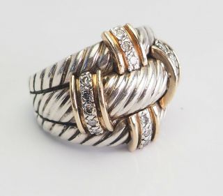 Vintage Sterling Silver 14k Yellow Gold Diamonds Woven Design Ring Size 5.  5