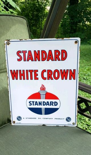 Standard Oil Company Porcelain Sign Red Crown Vintage Petroleum Gas Pump Plate