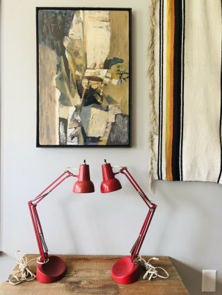 Vintage Luxo Articulating Swing Arm Lamps With Bases - A Pair - Red