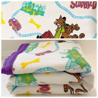 Vintage Scooby Doo Large Fleece Blanket 70”x89” White Multi Purple Trim