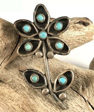 Vtg 1930’s Native American Zuni Turquoise Flower Sterling Brooch Pin Old Pawn