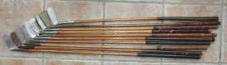 10 Antique Vintage Interesting Hickory Wood Shaft Golf Clubs