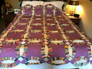 Vintage Hand Stitched Double Wedding Ring Quilt Top Vintage Fabrics D