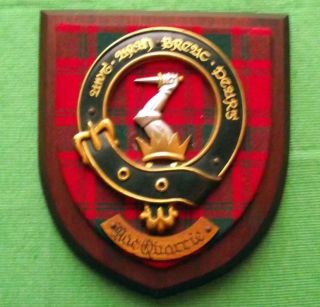Vintage Scottish Carved Oak Clan Macquarrie Tartan Plaque Crest Shield