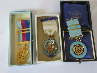 3 Vintage Masonic Jewels Medallions Badges Two Hallmarked Silver & Enamel