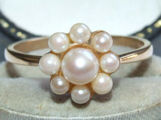 , Vintage Solid 9ct Gold X9 Real Pearl Set Flower / Daisy Cluster Ring