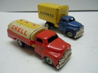 Vintage Japan Sss Tin Friction Gas & Delivery Trucks And Jeep.  A, .  Runs.  No Res