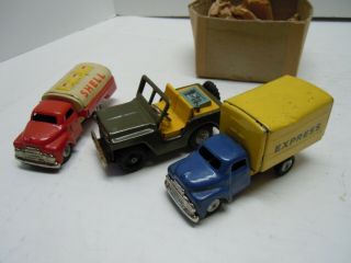 Vintage Japan SSS Tin Friction Gas & Delivery Trucks and Jeep.  A, .  RUNS.  NO RES 2