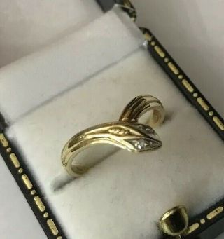 Antique Vintage Hallmarked 9ct 9k Yellow Gold Snake Ring Diamond Eyes Size N