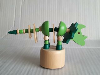 Wooden Dinosaur Bones Skull Two Tone Green Push Button Pushup Puppet Movable Toy 2