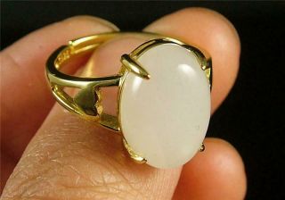 Gilt Silver Chinese White Nephrite Jade Inlaid Oral Style Ring Delicate