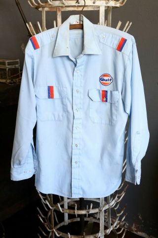 1970s Gulf Gasoline Service Station Attendant Uniform Shirt With Patch Vintage