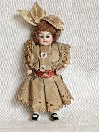 All Antique German Blue Glass - Eyed,  Red Haired Bisque Doll 3 3/4 "