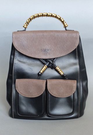 Rare Vintage Loewe Black And Brown Leather Two Way Backpack