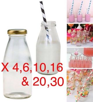 2,  4,  6,  10,  16,  20,  30,  50 X 250ml Glass Mini Milk Vintage Party Wedding Bottles Lids