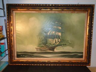 Large Vintage Signed Clipper Ship At Sea Oil On Canvas Painting (24 By 36 ")