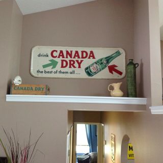 Vintage " Old " Canada Dry Soda Pop Gas Station Meta Embossed Sign 19x55 In.