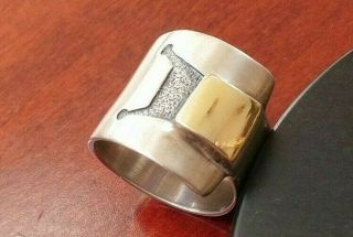 Vintage Modernist Sterling Silver & 18k Yellow Gold Wide Ring Band