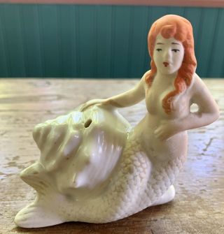 Vtg Ceramic Mermaid On Shell Japan Aquarium Fish Bowl Figurine Bisque 40s