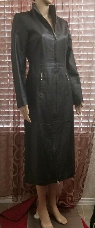 Vintage 90s Newport News Long Sleeve Black Zip Up Leather Maxi Dress Jacket