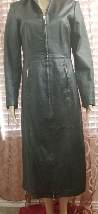 Vintage 90s Newport News Long Sleeve Black Zip Up Leather Maxi Dress Jacket 2