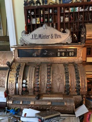 antique Brass National cash register TOP SIGN NCR J E Minter & Bro. 12