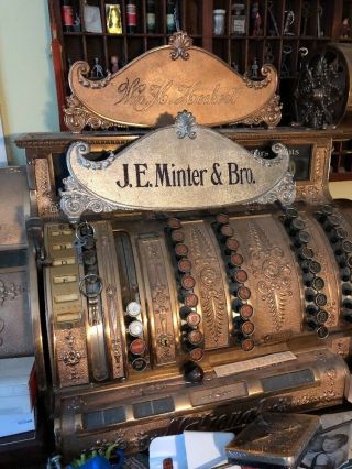 Antique Brass National Cash Register Top Sign Ncr J E Minter & Bro.