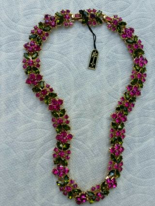 Vintage Crown Trifari Green & Pink Rhinestone Necklace
