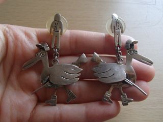 Artisan Studio Mexico Taxco? Sterling Silver Hunter Ducks Rifles Dangle Earrings