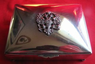 Antique Silver Plated Cigarette Box with Tsarist Coat - Of - Arms - Wood Lined 2
