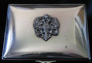 Antique Silver Plated Cigarette Box with Tsarist Coat - Of - Arms - Wood Lined 3