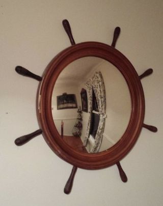 Rare Antique Round Convex Mirror W/wood Frame Ship Steering Wheel Design