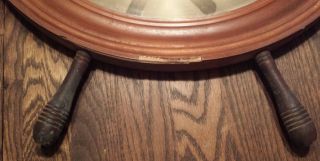 RARE Antique Round CONVEX MIRROR w/Wood Frame Ship Steering Wheel Design 4