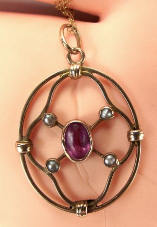 Antique Victorian 9ct Gold Lavalier Pendant Amethyst & Seed Pearl 18 " Chain