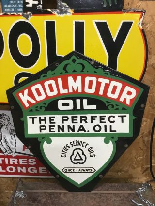 Vintage Cities Service Koolmotor Oil Double Sided Porcelain Metal Gas Oil Sign