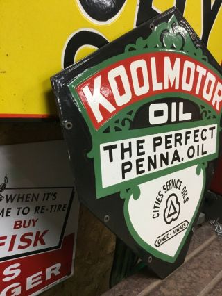 VINTAGE CITIES SERVICE KOOLMOTOR OIL DOUBLE SIDED PORCELAIN METAL GAS OIL SIGN 3