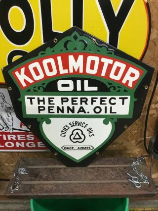 VINTAGE CITIES SERVICE KOOLMOTOR OIL DOUBLE SIDED PORCELAIN METAL GAS OIL SIGN 4