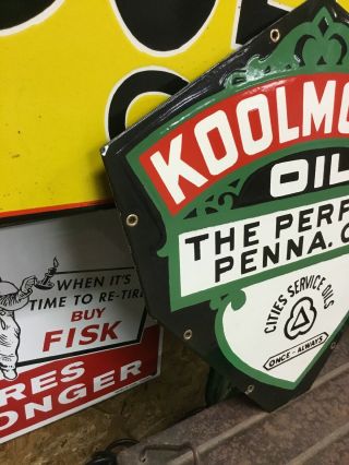 VINTAGE CITIES SERVICE KOOLMOTOR OIL DOUBLE SIDED PORCELAIN METAL GAS OIL SIGN 6