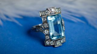 Rare 6.  0 Ct Diamond Vintage Antique Engagement Deco Aquamarine Ring Era 1905 