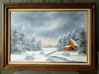 Mountain Cabin Winter Landscape Signed Barrister Vintage Oil On Canvas Framed