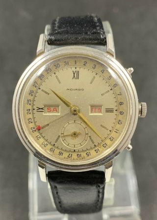 Rare Vintage Mens Movado Triple Date Calendar Stainless Steel Wristwatch