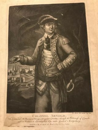 Antique Rare Mezzotint Print Col.  Benedict Arnold And Quebec 1776 Pub.  Tho.  Hart